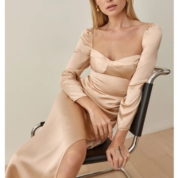 Reformation Gloriana Silk Dress - Almond - Picture 1 of 9